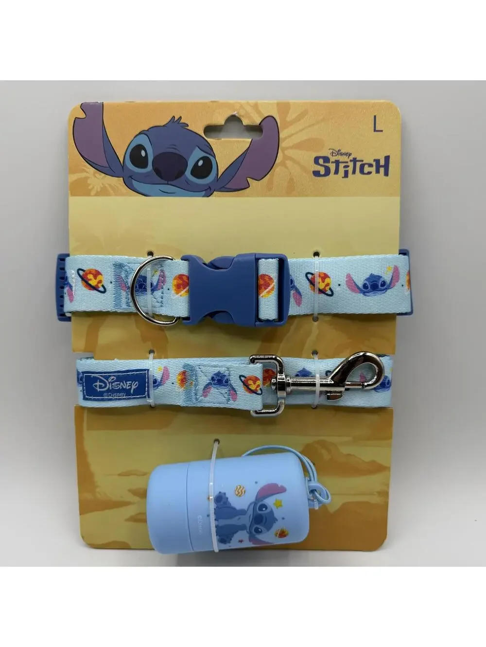 Disney Stitch Dog Leash Plastic Clip Collar and Waste Bag Dispenser Set Blue Lrg